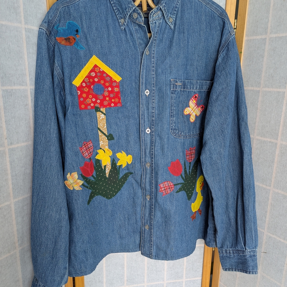 Denim Button Down Shirt with Floral and Birdhouse Design